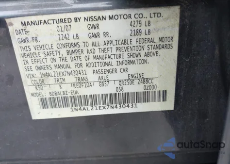 2007 Nissan Altima 2.5 S from USA, damaged, VIN 1N4AL21EX7N430431